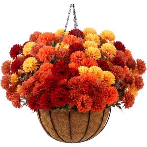 Canlierr 6 Bundle Fall Mum Artificial Flower Hanging Basket for Outdoor Porch Decor Fake Marigold Silk Orange Flower Bouquet Chrysanthemum UV Resistant Realistic Plant Autumn Home Decor (Fall Color)