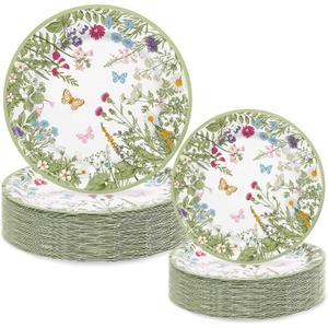 50Pcs Vintage Wildflower Paper Plates Green Wild Floral Disposable Plates 9 in & 7 in Spring Decorative Tableware Dessert Plate for Appetizer Home Party Decor Supplies