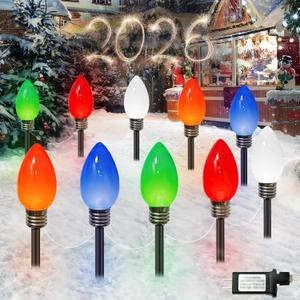 IDEAALS 10 Pack Jumbo Multicolor Plug in C9 Christmas Lights OutdoorLED Pathway Lights Waterproof, Strawberry Light Christmas Decorations Outdoor for Walkway Party Patio Garden Lawn Yard Decor