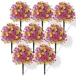 Alupssuc 8Pcs 20" Artificial Topiary Ball Flowers for Outdoors, Spring Decoration with Spike, UV Resistant Faux Summer Plants, Fake Bushes Indoor Decor, Mix 4 Colors for Garden, Porch & Patio