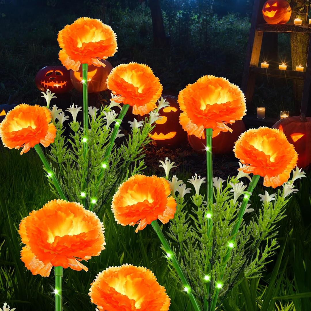 Halloween Decorations Solar Marigold Garden Lights Outdoor,2PACKS Artificial Marigold Flowers for Halloween Party Gifts Decor,Solar Flowers Path Lights for Lawn/Grave/Creepy Decor