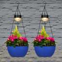 BAYN 2 Packs Solar Hanging Basket Planters for Plants Outdoor, Self Watering Blue Flower Plants Pots with Solar Light Drainer for Balcony Patio Garden Outdoor Decoration