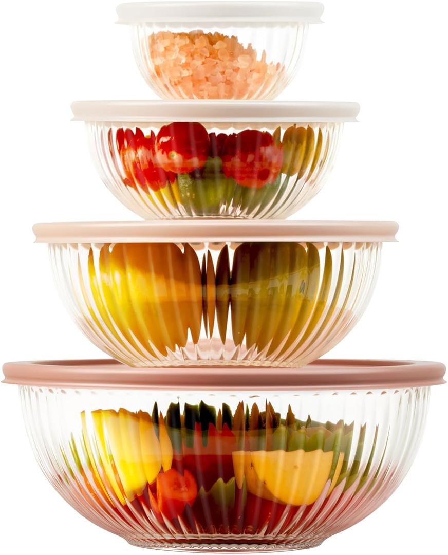 Freshmage Glass Mixing Bowls with Lids Sets, 4 Packs Glass Bowls with Lids for Kitchen Baking, Meal Prepping and Salad, Bpa Free and Dishwasher Safe Serving Bowls, 0.2/0.5/1.1/2.1, Large