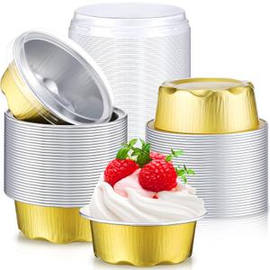 Eaasty 150 Count Baking Cups with Lids, 1.6 oz Muffin Cupcake Liners Aluminum Foil Mini Cake Pans Small Disposable Ramekins Flan Containers with Lids for Christmas, Birthday, Various Holiday(Gold)