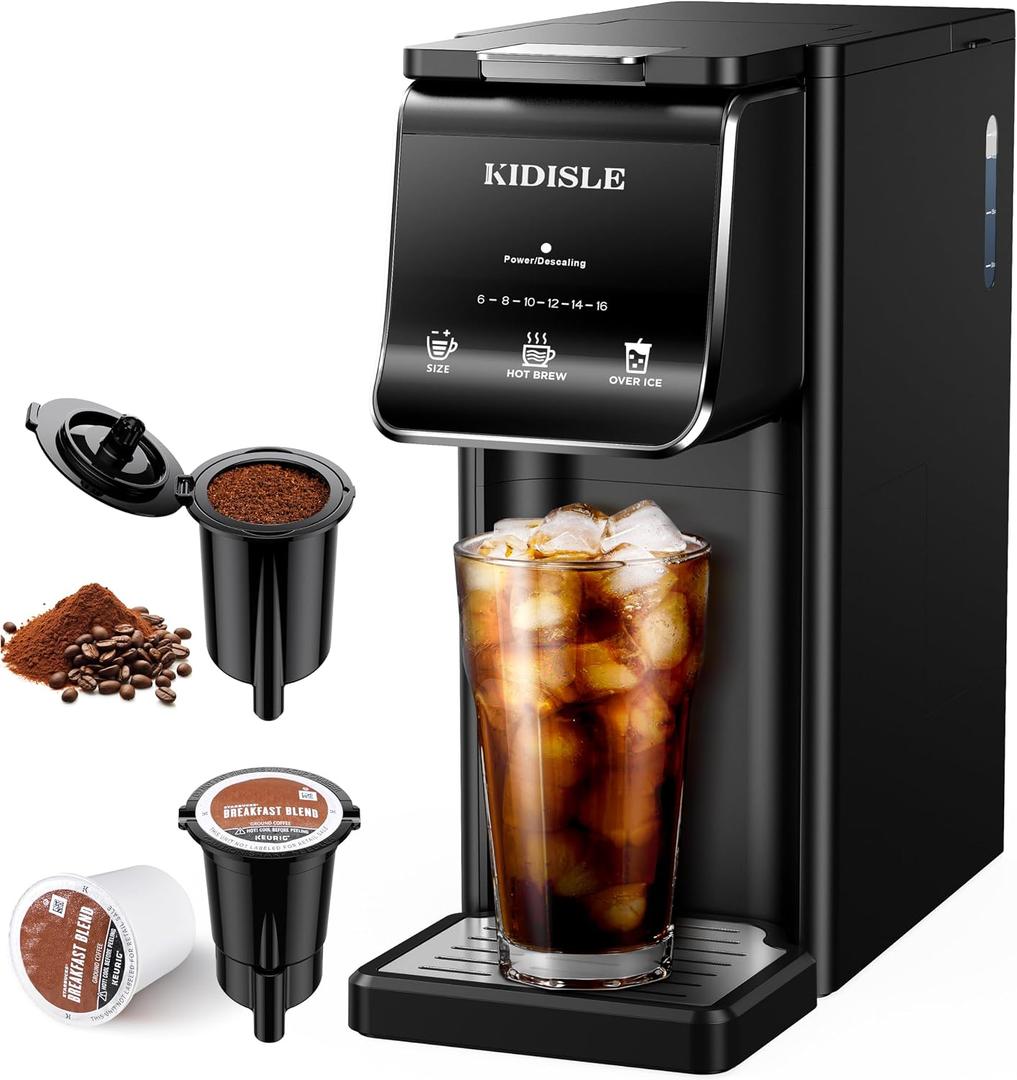 KIDISLE Hot & Iced Single Serve Coffee Maker for K Cup & Grounds, 616oz Brew Sizes, 40oz Water Tank, Reusable Pod Filter, Easy-to-Use for Home, Office, Dorm, Black