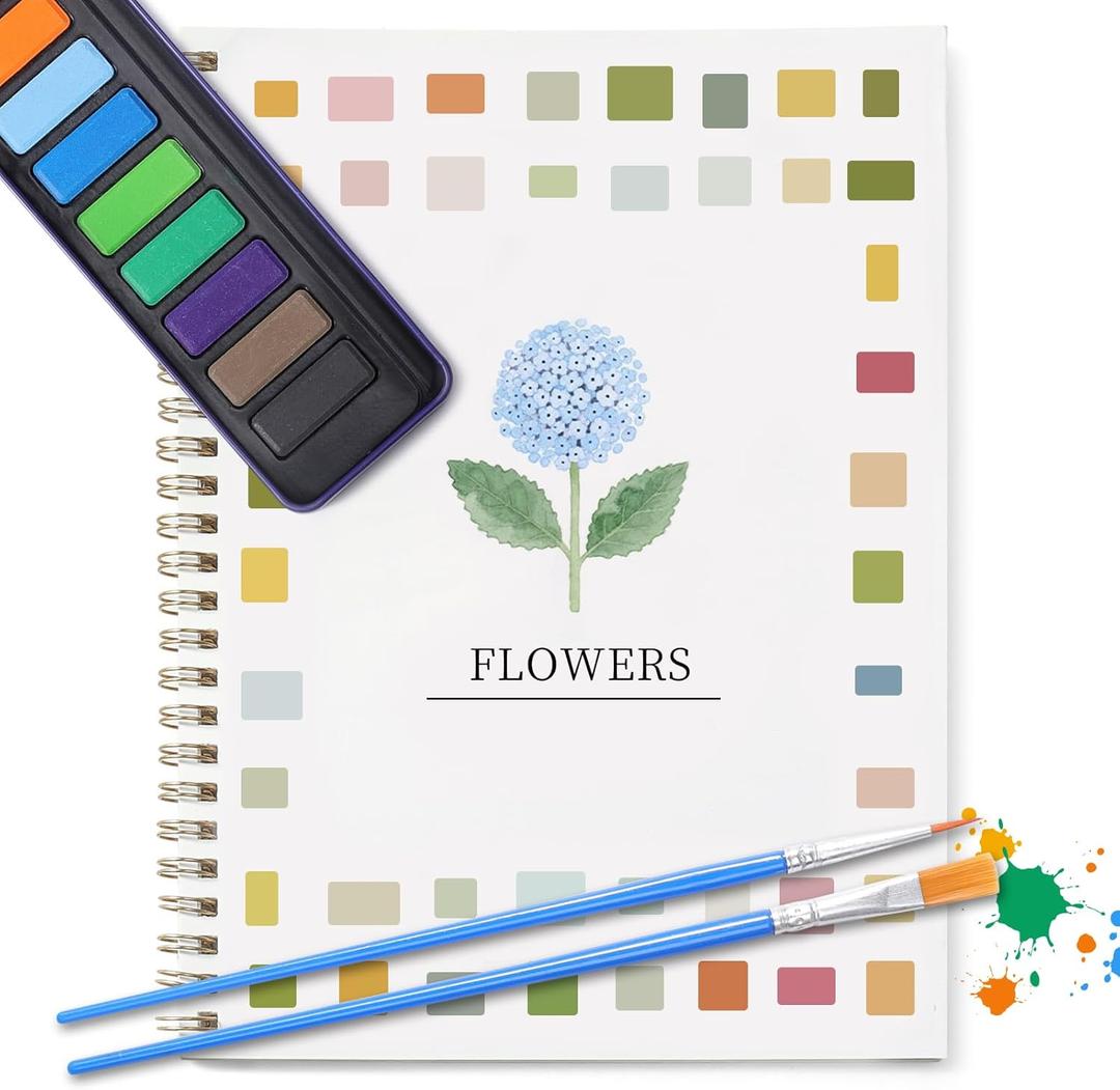 Dancart Watercolor Kit with Outlines, 12 Colors Rustproof Box, 3 Brushes & MultiTheme Painting Kit for Teens & Adults (Blue flower)