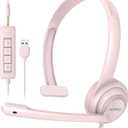 NUBWO HW02 USB Headset with Microphone Noise Cancelling &in-line Control, Ultra Comfort Computer Headphones for Laptop pc, On-Ear Wired Office Call Center Headset for Boom Skype Webinars (Pink)
