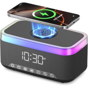 S300 Portable Bluetooth Speaker with 15W Fast Wireless Charging, 13-Color Dimmable Night Light, White Noise, Alarm, FM Radio, 10W Stereo, BT5.3, TWS, for Home, Office, Bedroom (Black)