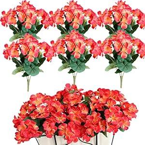 Htmeing 6PCS Artificial Geranium Bush Decorative Silk Flower Artificial Plant for Outdoors or Indoor (Orange)