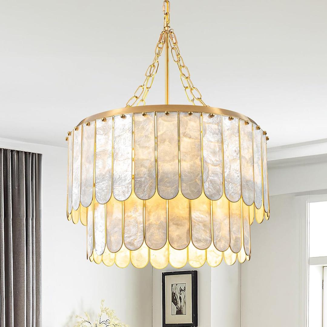 Modern 5-Light Shell Chandelier, 2-Tiered Faceted Pendant Light with Gold Metal Frame, E26 Lighting Fixture for Dining Room, Bedroom, Living Room, 20.5 Inches