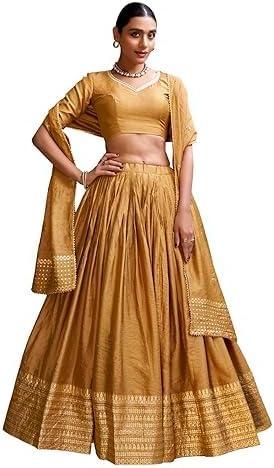 LooknBook Art Women's Chanderi With Shibori Print And Zari Weaving Work Lehenga choli Set (Gold), One Size