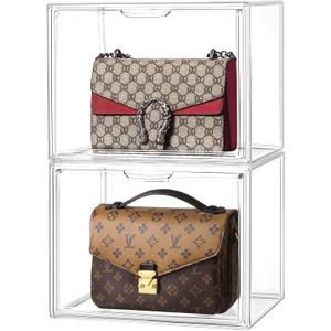 HBlife 2 Pack Purse Storage Organizer for Closet, Large Clear Stackable Handbag Display Case Box with Magnetic Door for Collectibles, Cosmetics, Women Heels and Toys
