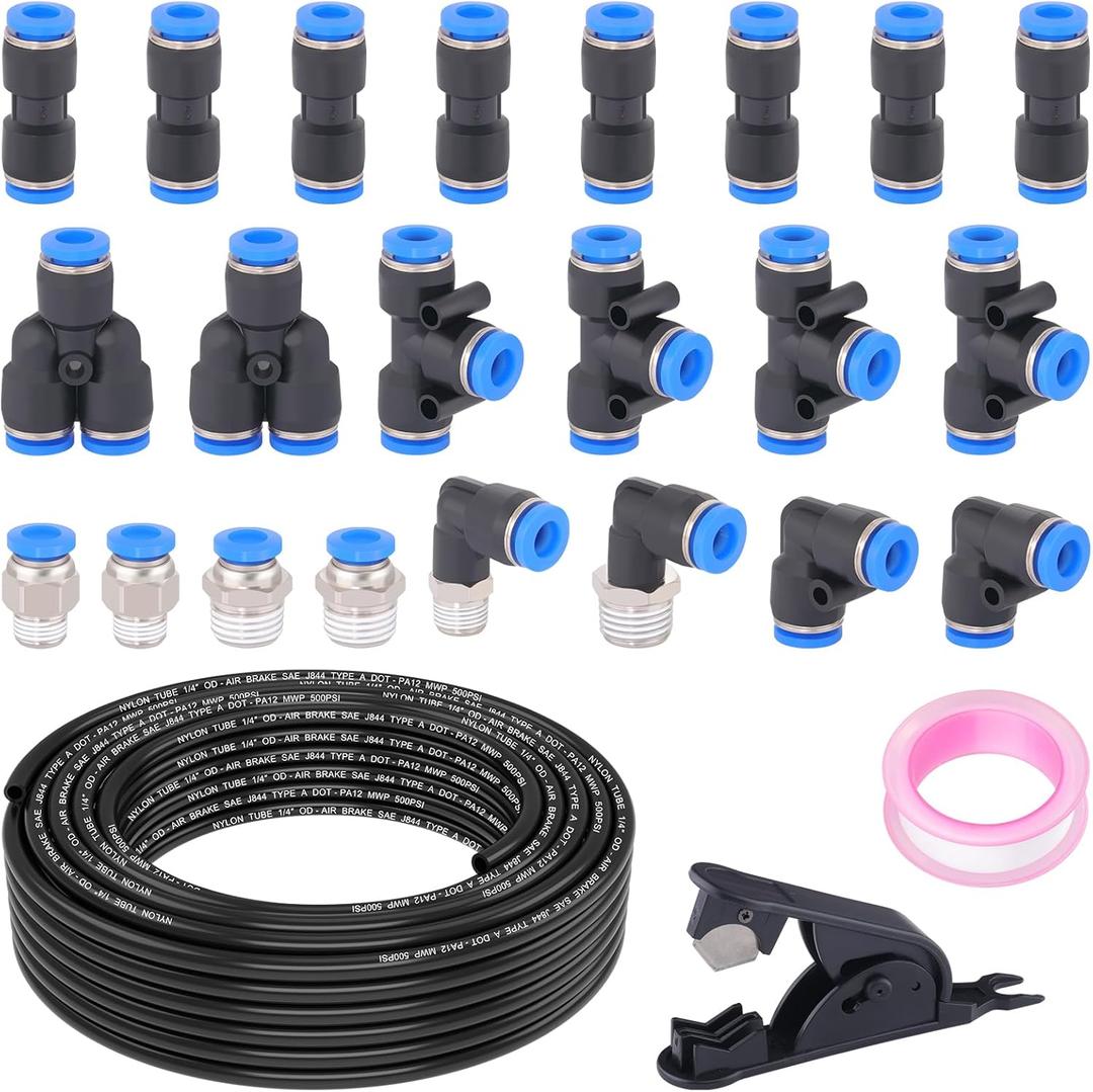 XaXmTee 1/4" DOT Air Line with 24 Pcs Quick Connect Air Fittings Kit 50FT 1/4 DOT Air Lines with Push Lock Air Line Fittings Pneumatic Push to Connect Air Hose Fittings