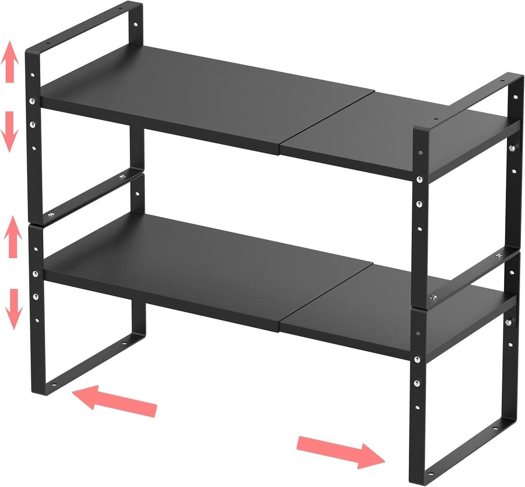 Expandable Stackable Spice Rack Cabinet Shelf Organizer in Cabinets Shelves Kitchen Cupboard Organization Stack up Racks Pantry Countertop Storage Large/Black 2 Packs (L:10.04"D x 16.6"W x 5.75"H)