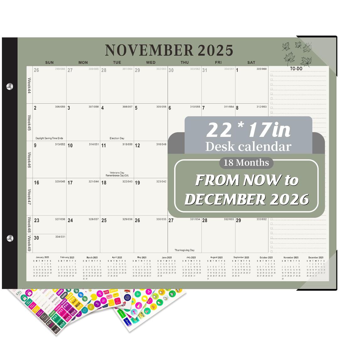 Gannyfer Desk Calendar 2026, Large 2026 Desk Calendar 22" x 17", Now - Dec 2026, 18 Monthly Academic Desktop Calendar with To-Do List and Notes, Plastic Cover, Thick Paper, 2026 Calendar for Planning and Organizing(6 Stickers)