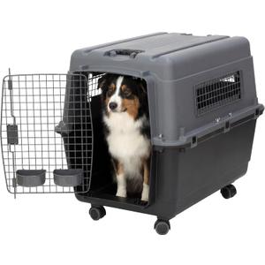SportPet Airline Compliant LARGE 31.5" Travel Dog Kennel- Durable Plastic Airline Pet Carrier w/ Removable Wheels & Food Bowls, Collapsible Indoor/Outdoor Dog Kennel, Dogs up to 28"L & 20"H-Dark Gray