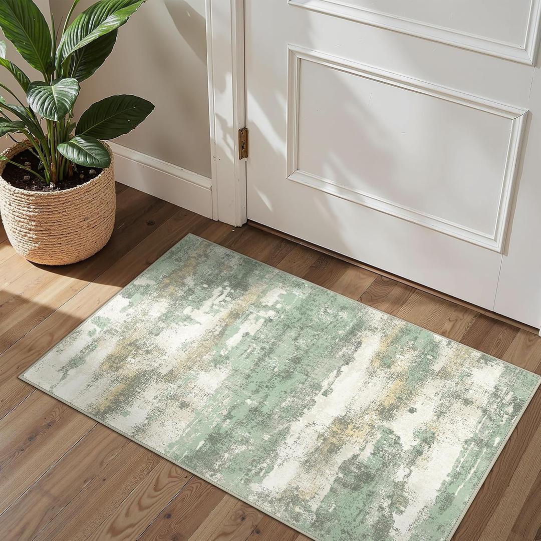 BEIMO 1'5''x2'5'' Rugs for Entryway Entrance Kitchen Bathroom, Machine Washable Modern Abstract Rug, Small Soft Low Pile Indoor Floor Mat with Non Slip Backing, Light Green