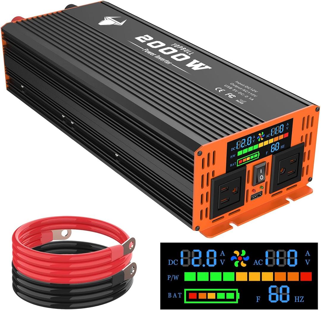 Power Inverter for Vehicle 2000 Watt Car Inverter 12V to 110V Modified Sine Wave Inverter with 2 AC Outlets, USB Port, Dual Smart Fans, Cables Included for Home, RV, Outdoor, Camping, Boat New Upgrade