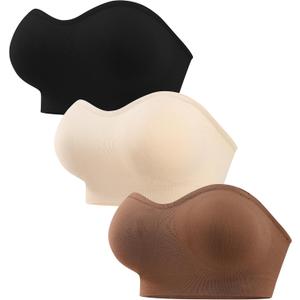 ANGOOL Strapless Bras for Women Wirefree Non-Slip Tube Top Invisible Bralette Seamless Padded Bandeau Bra (Large, Black+beige+brown)