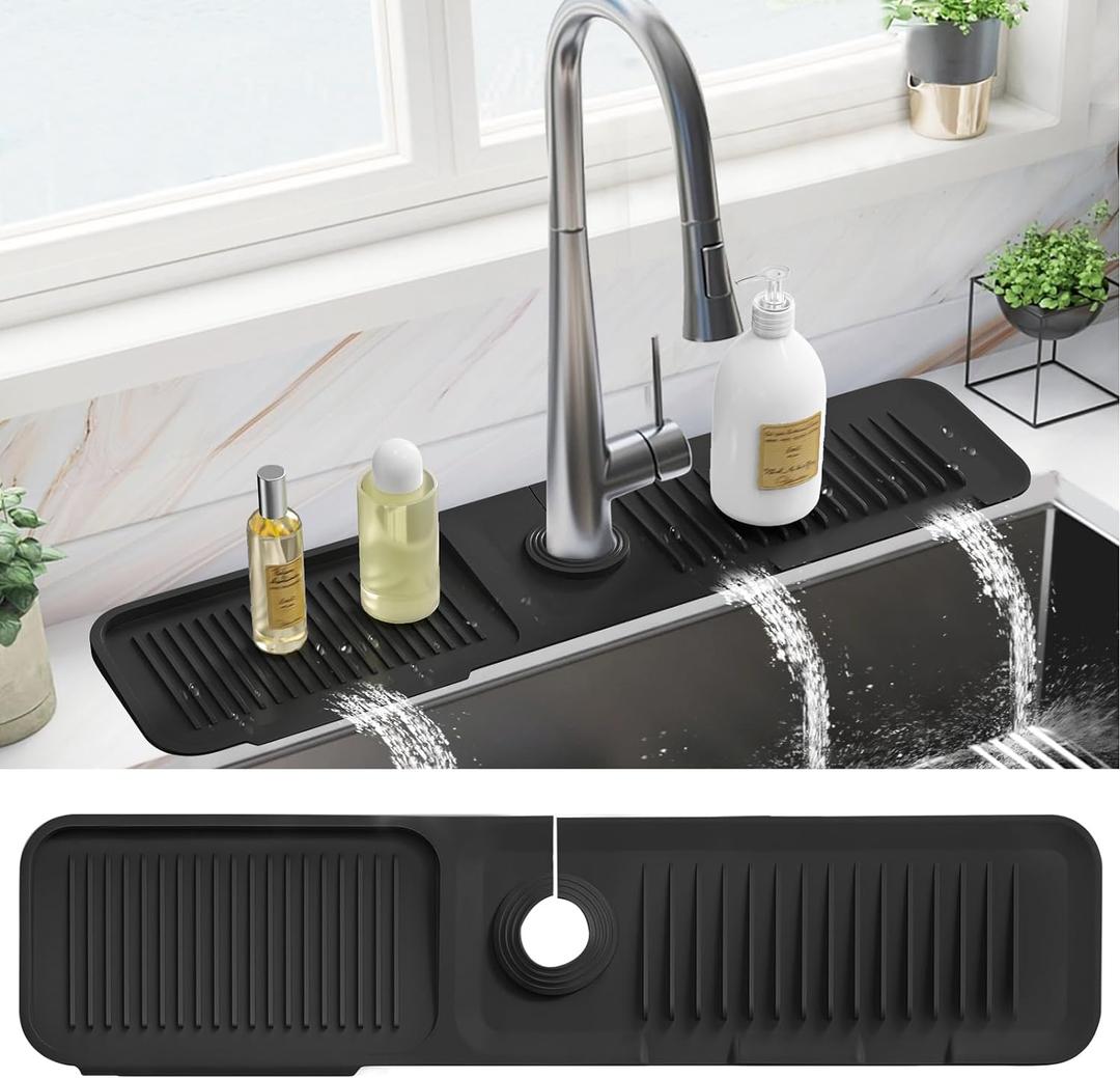 PoYang 24 Inch Faucet Mat for Kitchen Sink Splash Guard Behind Faucet, Sink Protectors for Kitchen Sink Faucet Mat Splash Guard for Kitchen Sink Area, Longer Silicone Faucet Guard Draining Mat, Black (23.6" x 5.5") PoYang 24 Inch Faucet Mat for Kitchen Sink Splash Guard Behind Faucet, Sink Protectors for Kitchen Sink Faucet Mat Splash Guard for Kitchen Sink Area, Longer Silicone Faucet Guard Draining Mat, Black (23.6" x 5.5")
