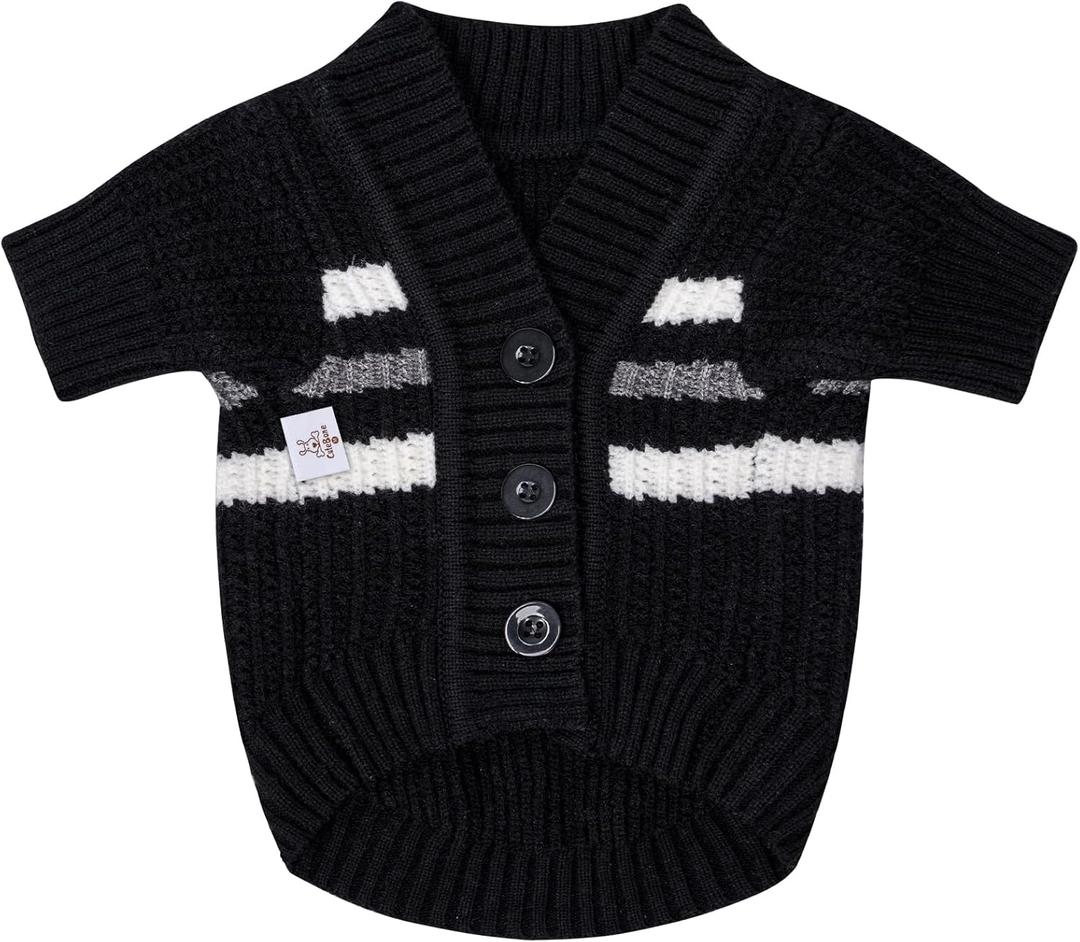 CuteBone Cardigan Striped Knitted Dog Sweater, Arctic Fleece Thermal Dog Winter Clothes for Small Dogs Boy Girl, V-Neck Pet Coat Cat Apparel,Black (Large)