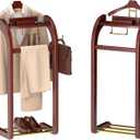 Suit Valet Stand for Men, Wood Mens Valet Stand with Base, Contour Hanger, Tray, Trouser Bar and Tie Bar, Clothes Valet Stand for Bedroom Entryway Home Living Room Office (Reddish brown)