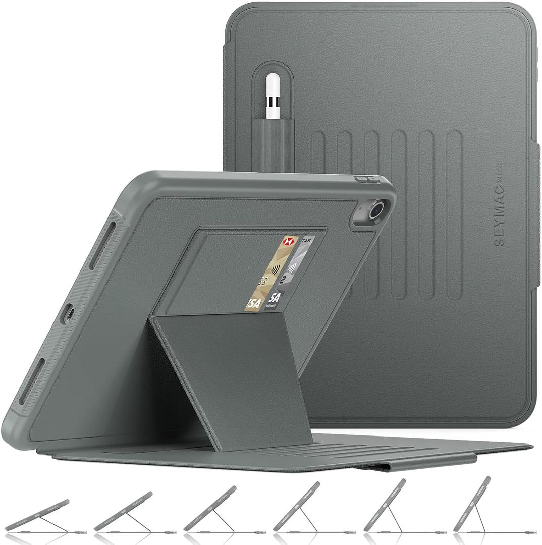 SEYMAC stock Case for iPad (A16) 11th/10th Generation 11''/10.9'', Strong Magnetic Auto Sleep Shockproof Case with Absorbing Multi-Angles Stand, Pen Holder, Card Slot (Gray)