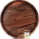 18 Inches Extra Large Round Black Walnut Wood Ottoman Tray with Handles, Serve Tea, Coffee or Breakfast in Bed, Classic Circular Wooden Decorative Serving Tray
