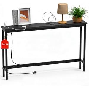 FAMIDGE 36'' Console Table with Outlet, Sofa Table, Behind Couch Table, Narrow One-piece Tabletop for Entryway Hallway, Living Room, Black, 47 inches x 8 inches x 32 inches