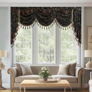StangH Floral Print Waterfall Velvet Valance for Living Room, Heavy Thick Room Darkening Window Drapes Vintage Home Decor for Bedroom/Kitchen/Dining Room, W79 inches, 1 Panel