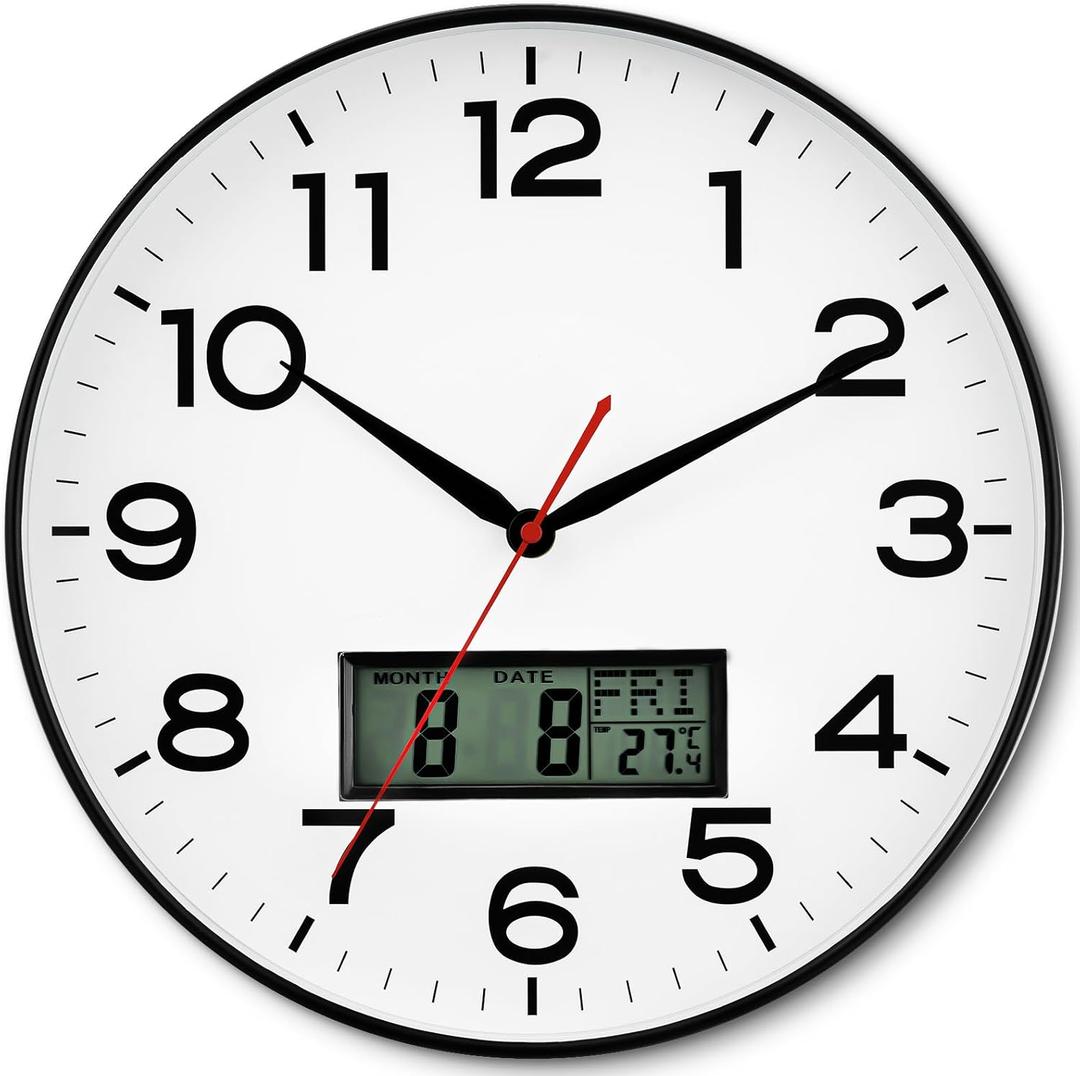 AKCISOT Wall Clock 12 Inch, Non-Ticking Silent Battery Operated Analog with LCD Display for Perpetual Calendar and Temperature, Ideal Modern Decor for Home, Bedroom, Kitchen, Office (Black)