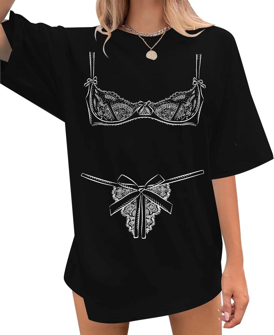Womens Novelty Shirt Oversized Tshirt Graphic Tees Crew Neck Casual Short Sleeve Loose Fit Tops (Black, L)