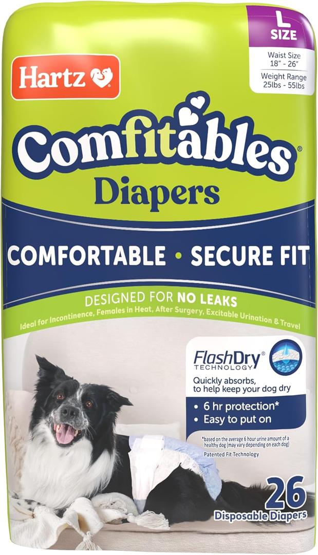Hartz Comfitables Disposable Dog Diapers, Size Large 26 Count, Comfortable & Secure Fit, Easy to Put On, Super Absorbent Male and Female Diaper