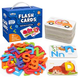 BenBen Alphabet Flash Cards, 52 Upper and Lowercase Wooden Letters, 26 Flashcards, Montessori ABC Learning Toys for Kids Ages 3-5, Preschool Learning Activities, Matching Game Puzzles