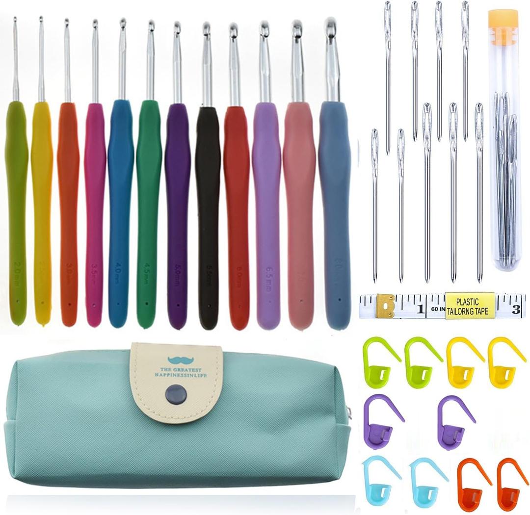 Crochet Hook Set 12 Pieces Colourful Ergonomic Soft Rubber Comfort Grip Crochet Knitting Needles Kit Household Tool with Portable Bag, Crochet Hooks, Stitch Markers and Tape Measure