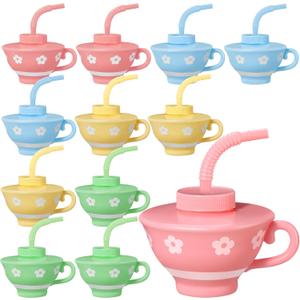 Zhehao 12 Pieces Plastic Tea Cups with Lids and Straws for Tea Party Kids, 9 oz Reusable Creative Party Cups Bulk for Birthday Baby Shower Princess Supplies