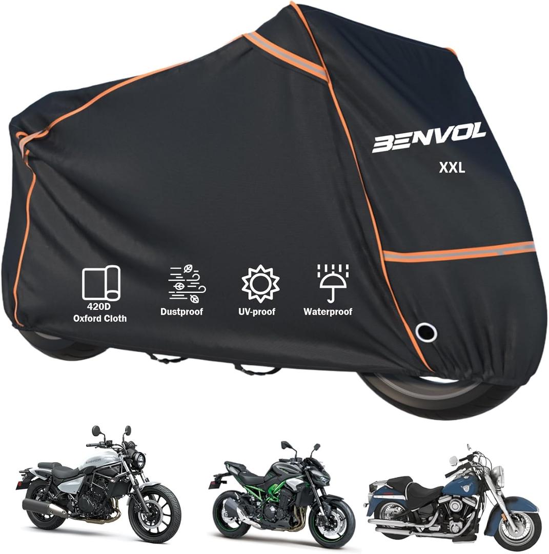 BENVOL 420D Heavy Duty Motorcycle Cover Waterproof Outdoor, 5000mm Rainproof Material Motorbike Cover with 2 Windproof Buckles, Lock Holes & Wide Reflective Strips, Anti-UV Sun Dust Protection (Black-XXL(96.5*41*51))