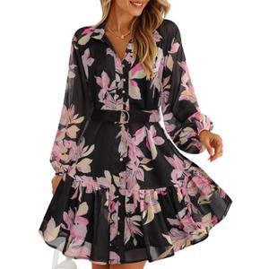 ZESICA Womens Spring Summer Floral Mini Dress Long Sleeve Button Chiffon A Line Swing Short Wedding Guest Party Dresses S