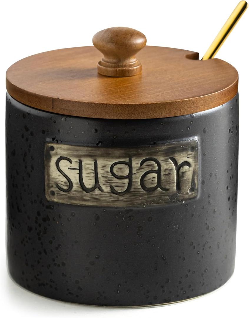 LYEOBOH Ceramic Sugar Bowl with Lid and Spoon, 15 Oz Farmhouse Sugar Container Holder for Coffee Bar Accessories, Food Storage Containers - Modern Kitchen Decor Housewarming Gift, Black