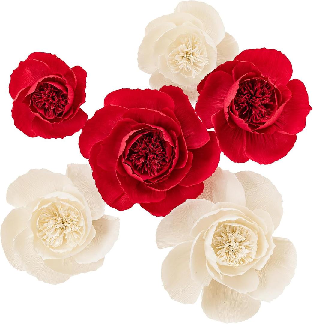 Crepe Paper Flowers Decoration for Wall, Artificial Flowers for Wedding Decor,Flower Backdrop Decor,Baby Shower,Birthday Party,Photo Backdrop,Archway Decor, Nursery Wall Decor (Red&Beige;Set/6)