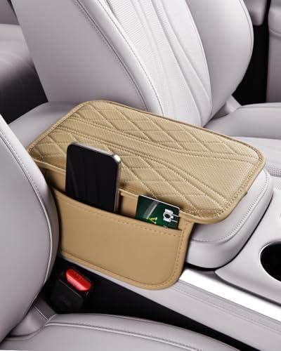 ESKONKE [Upgraded] Car Center Console Cover with 2 Storage Bags - Premium Nappa Leather Armrest Cover, Scratch & Wear Resistant, Waterproof Car Interior Accessories (Upgrade - Hampagne Beige), 2 Pieces