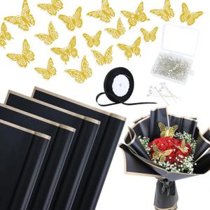 VIVIFun 20 Sheets Flower Wrapping Paper, Waterproof Floral Bouquet Wrapping Paper, Florist Supplies with 36 Gold Butterflies, 100 Diamond Pins, Satin Ribbon for Wedding Birthday Gift Packaging, Black