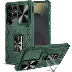 Caka for Samsung Galaxy S25 Ultra Case [Military Grade Protection] [Full Camera Lens Cover] [360Spin Stand] Heavy Duty Protective Hard Rugged Phone Cover with Kickstand Ring Holder - Green