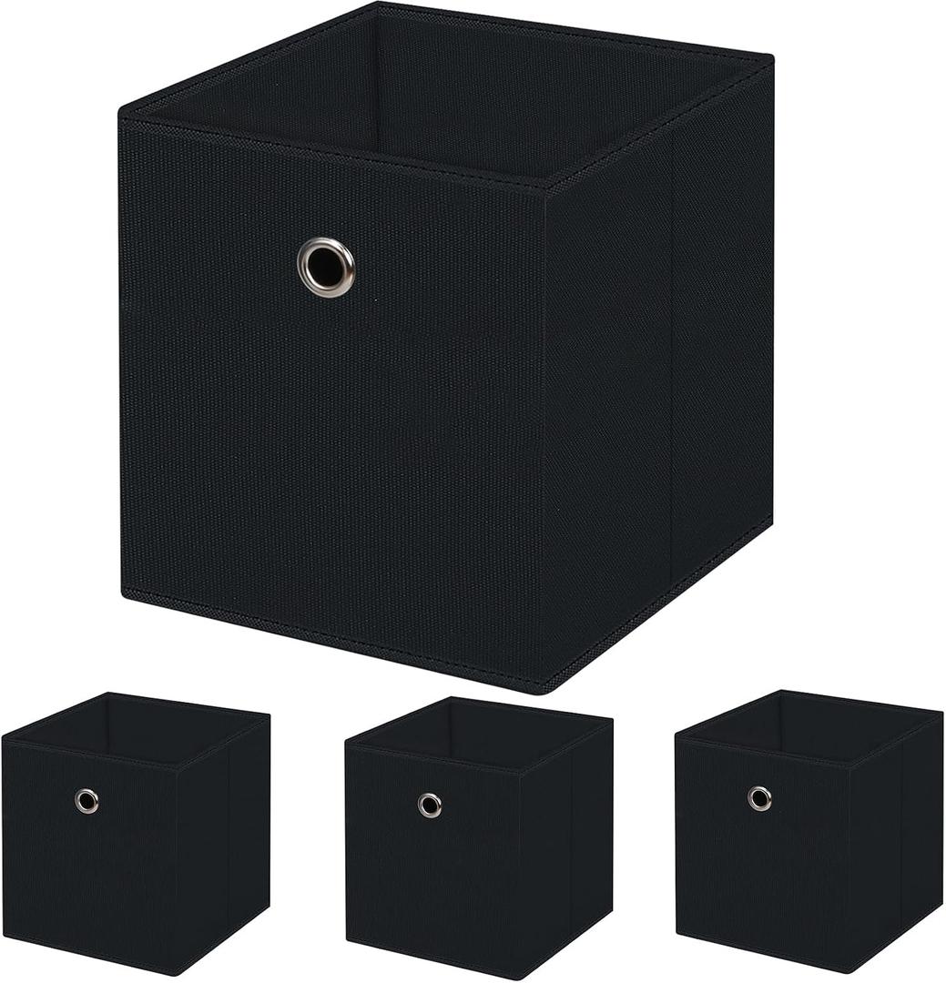 13 inch Record cubes storage bins,collapsible fabric storage cubes Decorative storage basket,apply to clothes organizer box,shelves in closet,laundry,daycare centers,offices,4 Pack(Black)