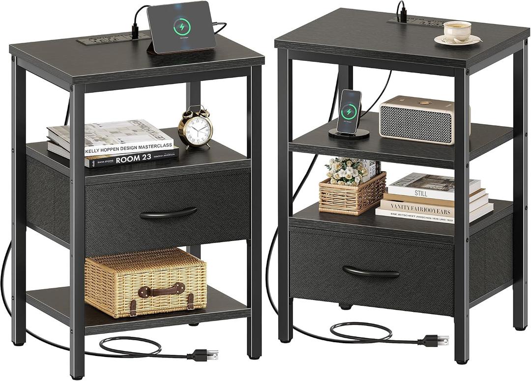 SUPERJARE Nightstand Set of 2, Bed Side Tables with Charging Station, Adjustable Fabric Drawer, Night Stand for Bedroom, 3-Tier Storage End Tables, Black