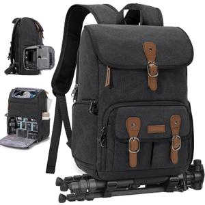 RAINSMORE Camera Bag Backpack for DSLR/SLR Mirrorless 15.6 Inch Laptop Camera Back Pack for Photographers Anti-Theft Photography Bags Case with Tripod Holder & Rain Cover, Black