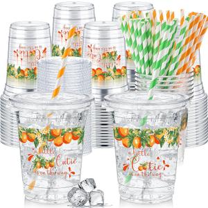 Pickmesh 50 Pcs Cutie Baby Shower Party Plastic Cup 12 oz a Little Cutie Is on The Way Thick Clear Cup Lids Straws Baby Shower Gender Reveal Party Supplies Decorations