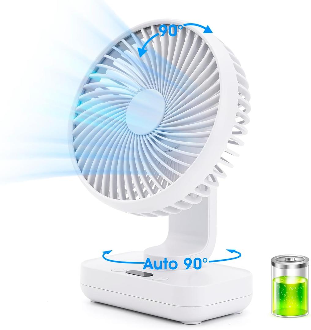 Oscillating Table Fan Small Oscillating Fan for Bedroom/Indoor/Outdoor Ultra Quiet Mini Desk Fan Auto 90 Rotated 4 Speeds 5in Wall Mounted Cordless Portable Rechargeable (White)
