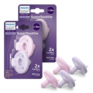 Philips Avent Soothie Orthodontic Baby Pacifiers, 100% Silicone Pacifiers, One Piece, BPA-Free, for Babies 3-18 Months, 2 Lilac and 2 Pink, 4 Pack, Model SCF192/70