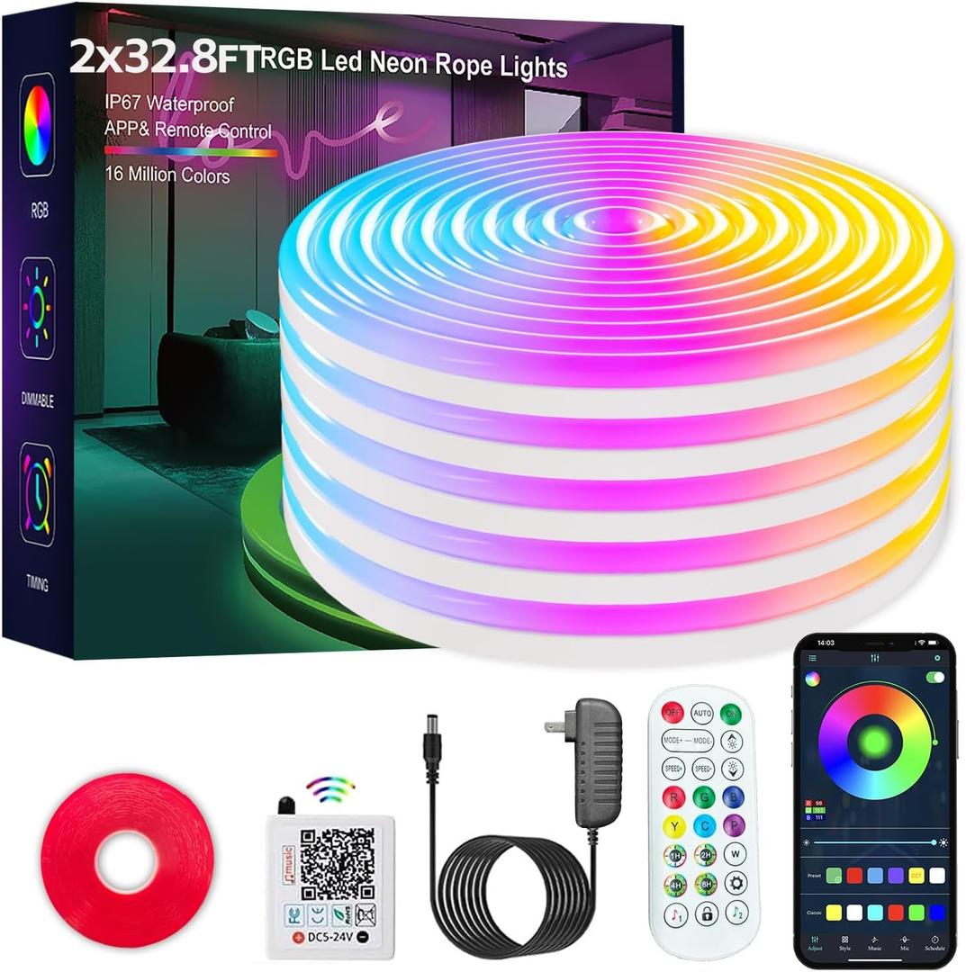 Neon Rope Lights, 66FT IC+RGB LED Strip Lights, App+Remote Control, Outdoor IP67 Waterproof, Music Sync, Color Changing, Flexible DIY Design Neon Lights for Bedroom, Gaming, Party Decor